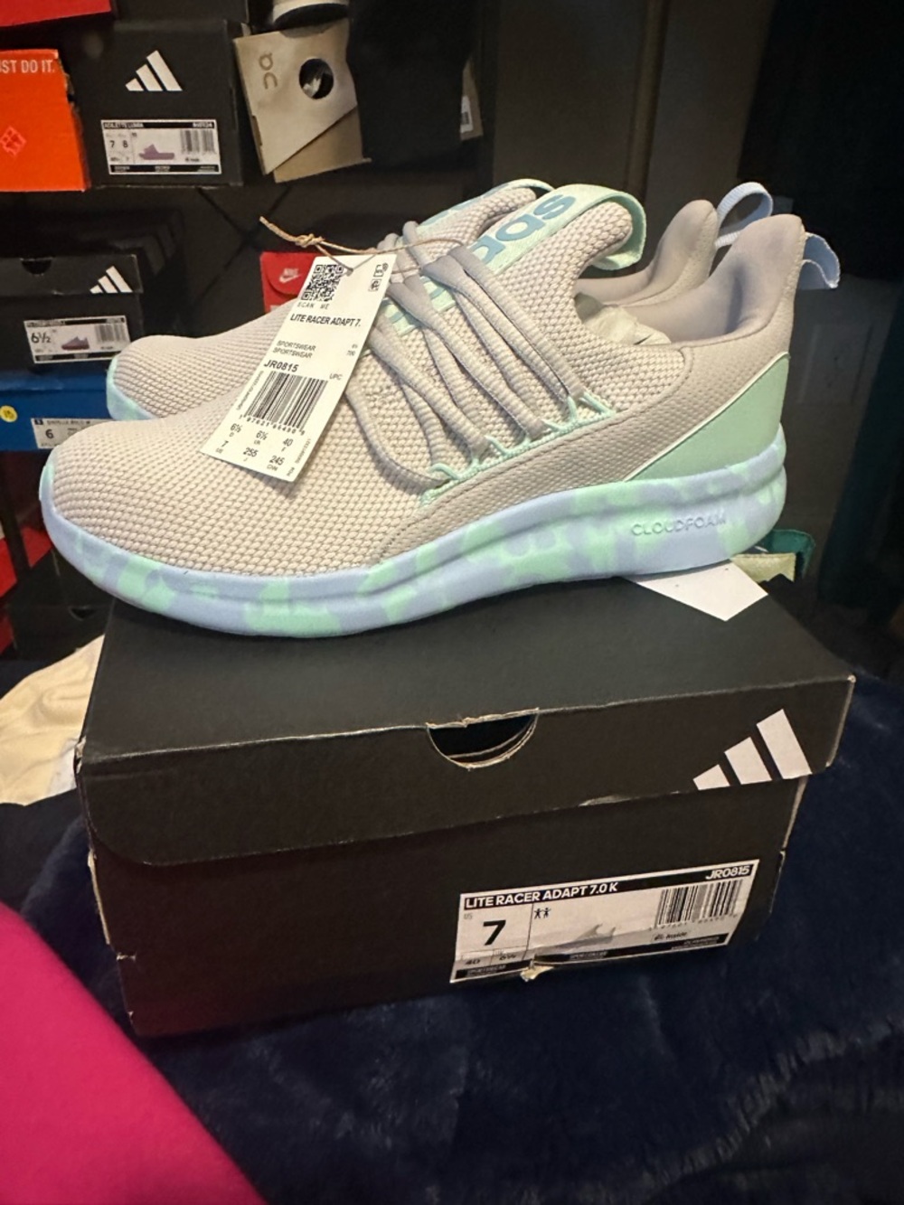 Adidas Lite Racer Adapt 7.0 light gray purple an mint green Unisex 8Womens 7 M